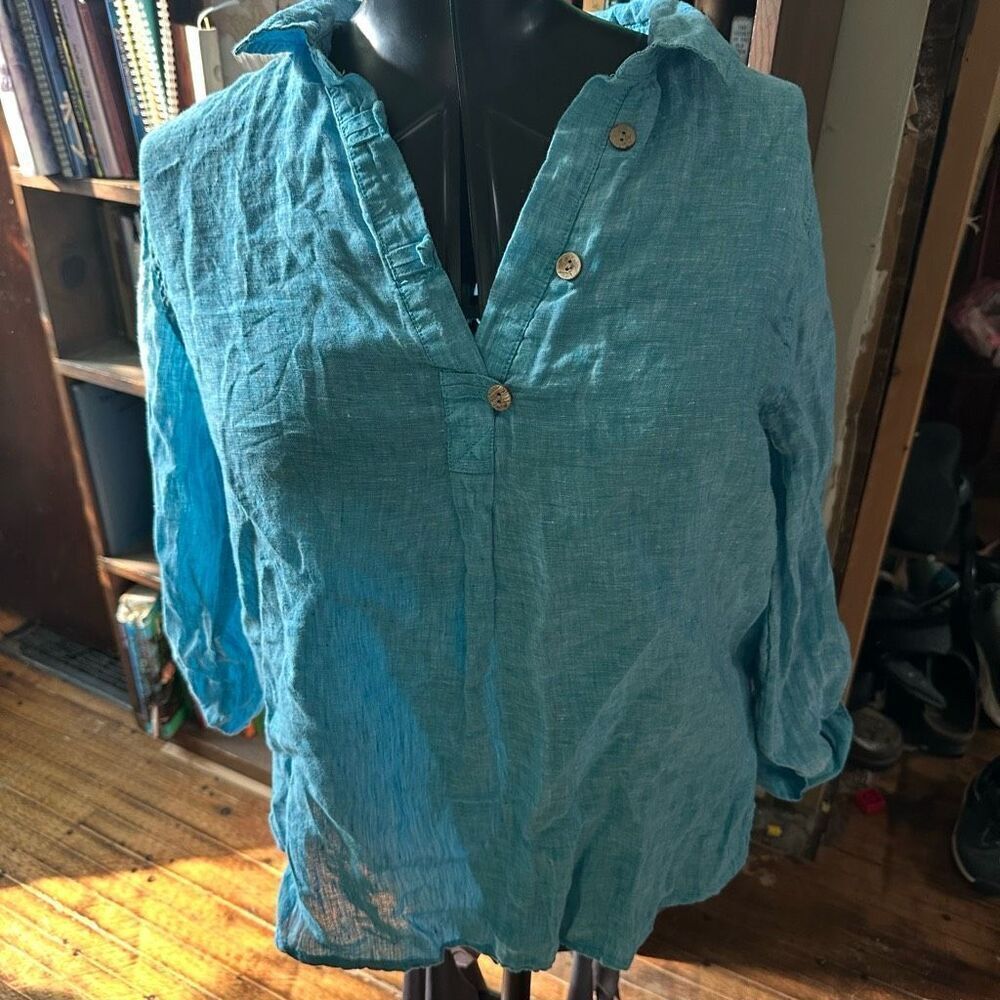 Sigrid Olsen M linen 1/4 button folk boho long sleeve top